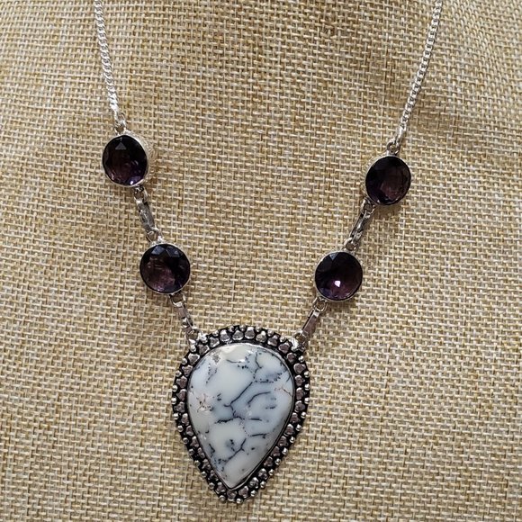 Beautiful Handmade Owyhee Opal Amethyst Gemstone 925 Unique Necklace - Picture 1 of 13
